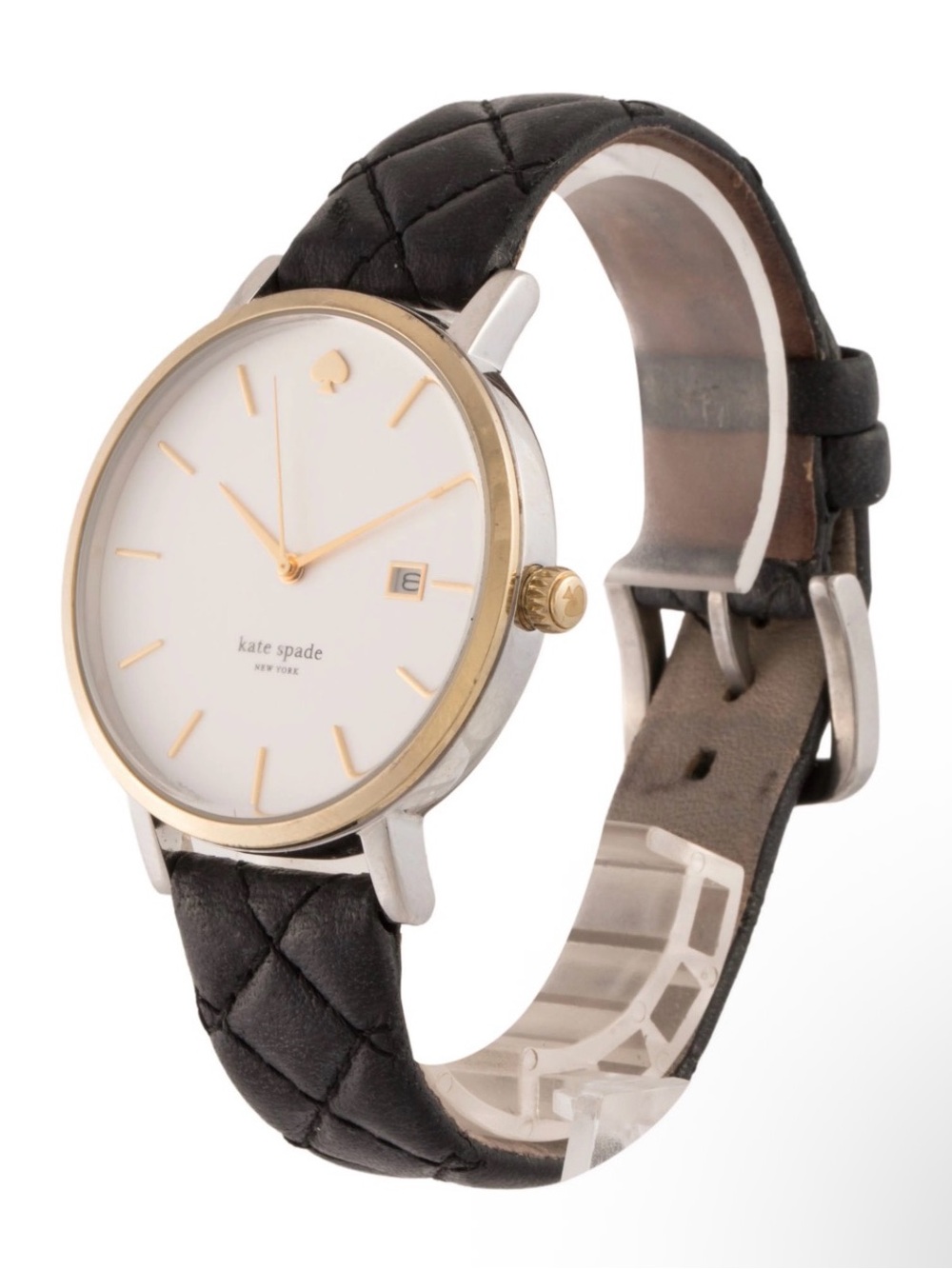 kate spade Quilted Black Leather Strap Watch with Gold-Tone Bezel
